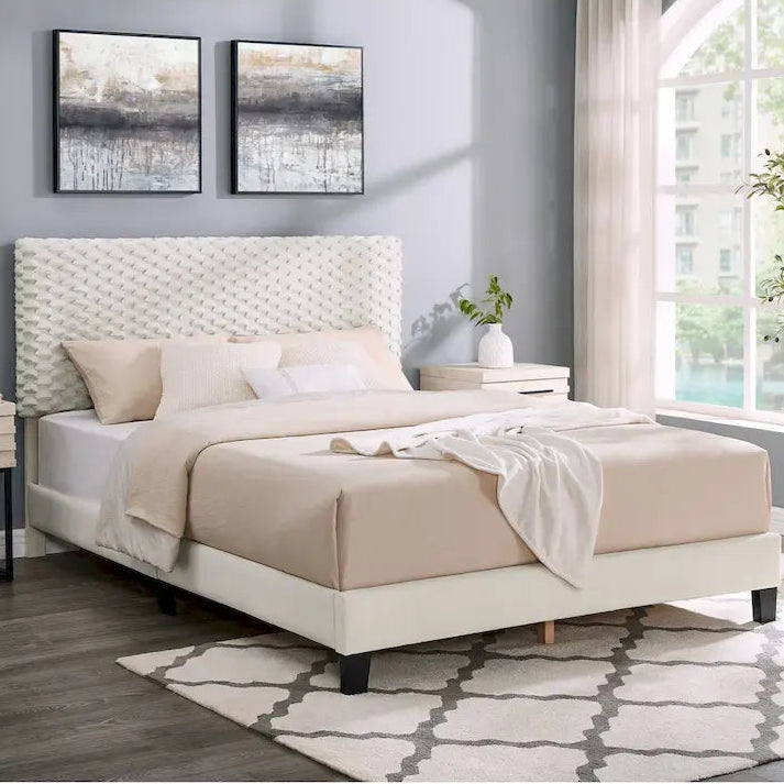 Queen Platform Bed with Adjustable Headboard, Dove Fabric
