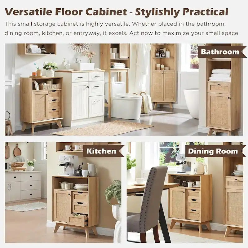 Mobiletto da bagno piccolo in rattan naturale, Armadietto contenitore moderno