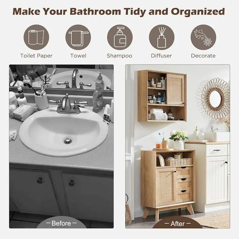 Mobiletto da bagno piccolo in rattan naturale, Armadietto contenitore moderno