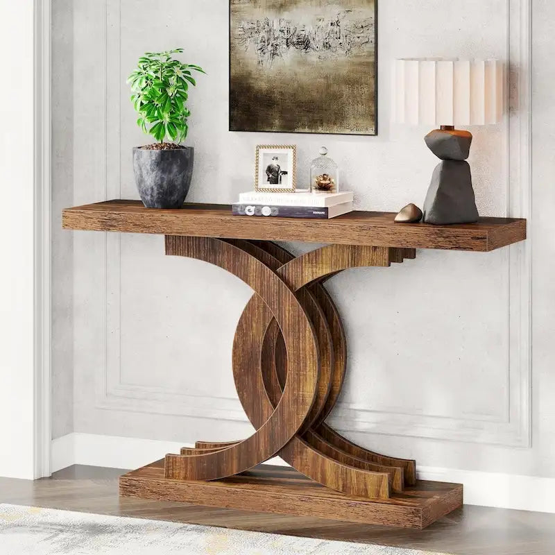 Tavolini consolle in legno stile rustico con base geometrica per l'ingresso