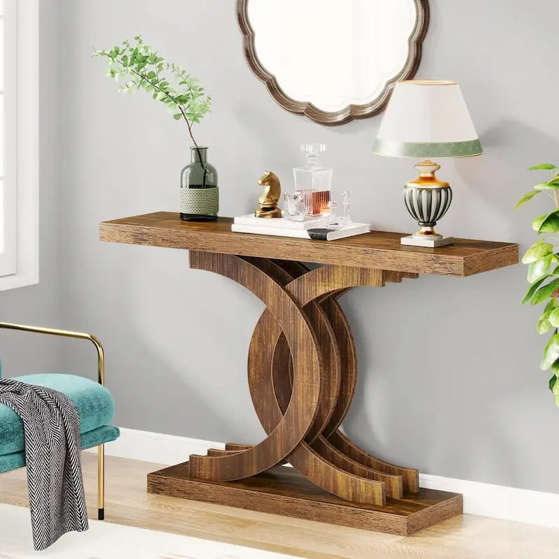 Tavolini consolle in legno stile rustico con base geometrica per l'ingresso