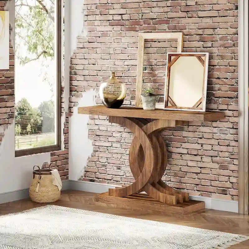 Tavolini consolle in legno stile rustico con base geometrica per l'ingresso
