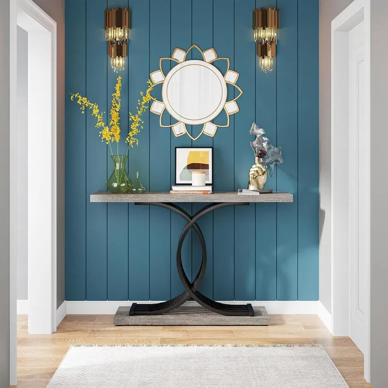 Tavolini consolle in legno stile rustico con base geometrica per l'ingresso