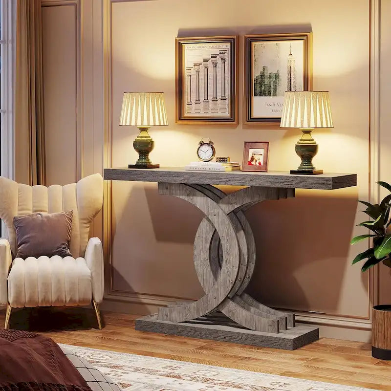 Tavolini consolle in legno stile rustico con base geometrica per l'ingresso