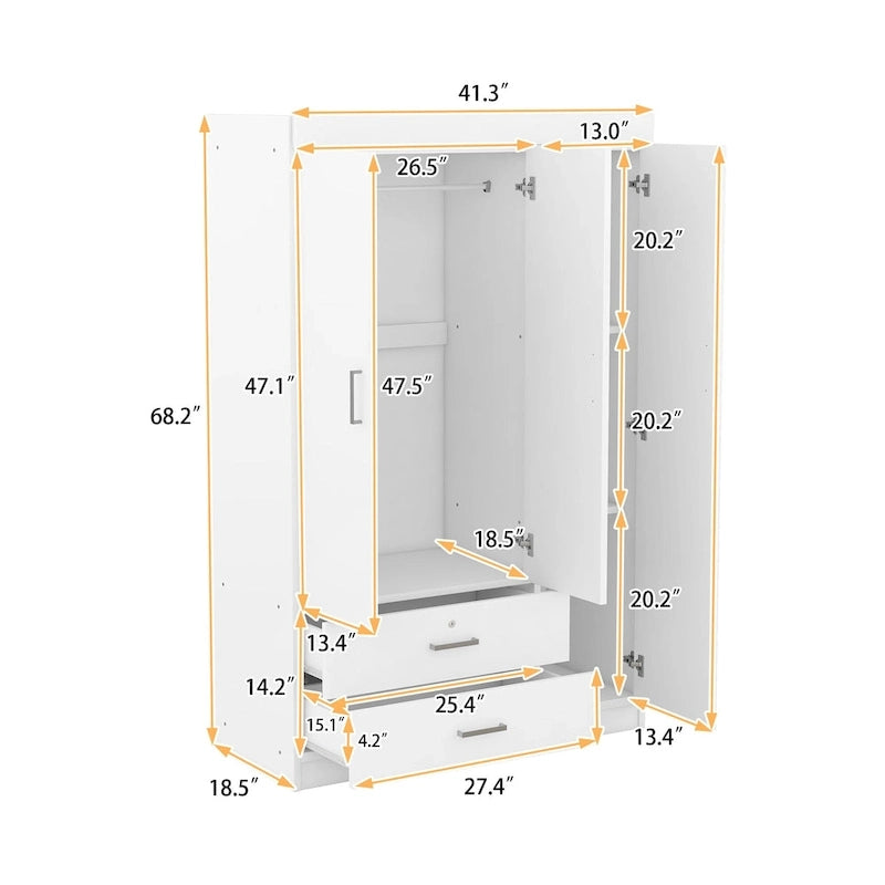 Armadio a 3 ante con 2 cassetti, effetto venatura del legno