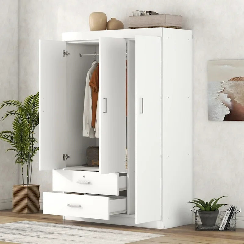 Armadio a 3 ante con 2 cassetti, effetto venatura del legno
