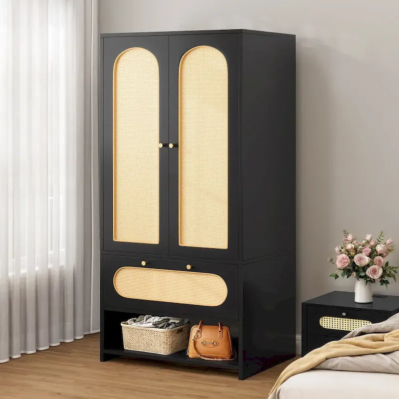  70 Rattan Armoire Bedroom Wardrobe with Drawer & Hanging Rod
