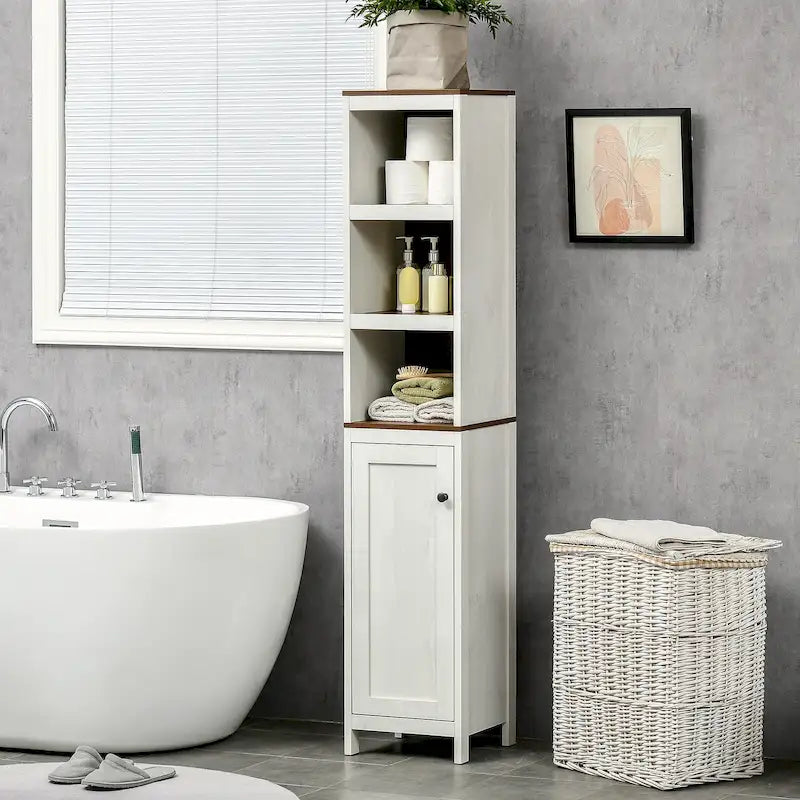 kleankin Mobile Alto da Bagno, Armadietto a Torre Indipendente con 3 Ripiani Aperti e Ripiano Regolabile, Bianco Antico