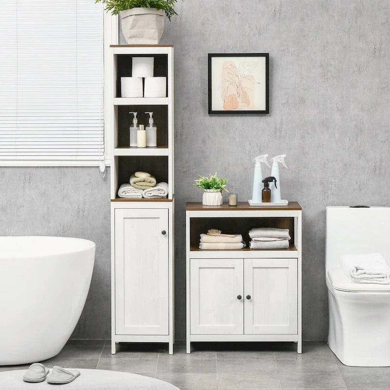 kleankin Mobile Alto da Bagno, Armadietto a Torre Indipendente con 3 Ripiani Aperti e Ripiano Regolabile, Bianco Antico