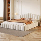 Telaio letto Queen imbottito in velluto con testiera a conchiglia per camera da letto, nessuna necessità di box spring, Beige