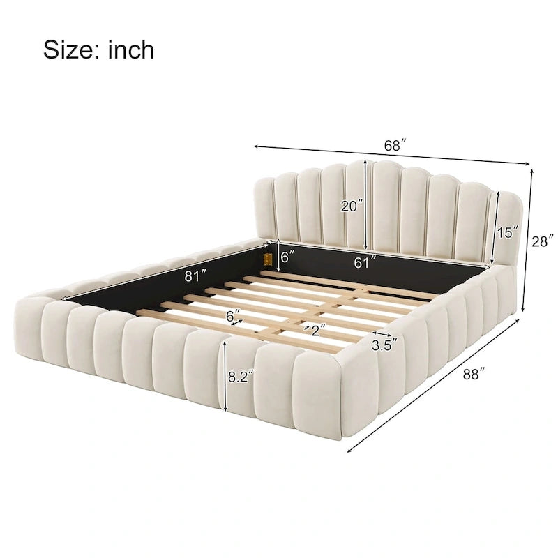 Telaio letto Queen imbottito in velluto con testiera a conchiglia per camera da letto, nessuna necessità di box spring, Beige