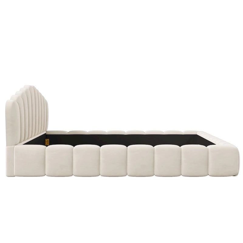 Telaio letto Queen imbottito in velluto con testiera a conchiglia per camera da letto, nessuna necessità di box spring, Beige