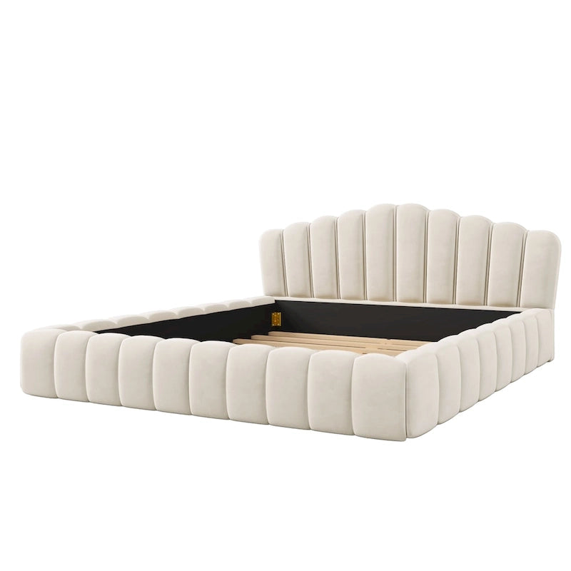 Telaio letto Queen imbottito in velluto con testiera a conchiglia per camera da letto, nessuna necessità di box spring, Beige
