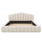 Telaio letto Queen imbottito in velluto con testiera a conchiglia per camera da letto, nessuna necessità di box spring, Beige