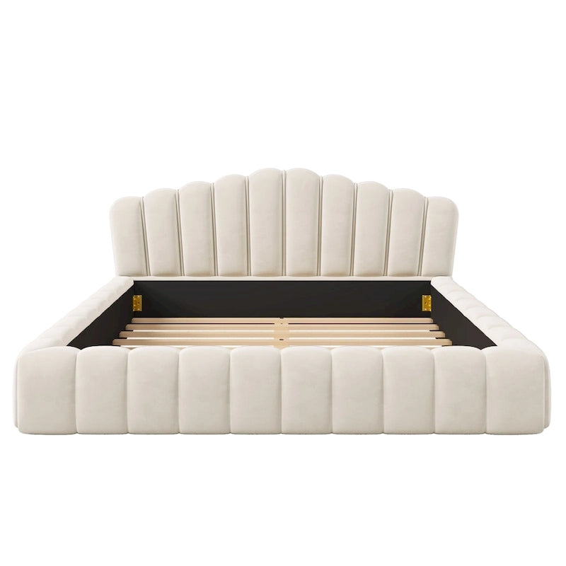 Telaio letto Queen imbottito in velluto con testiera a conchiglia per camera da letto, nessuna necessità di box spring, Beige