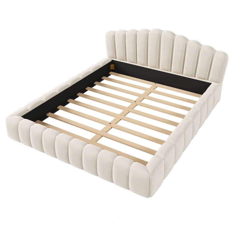 Telaio letto Queen imbottito in velluto con testiera a conchiglia per camera da letto, nessuna necessità di box spring, Beige