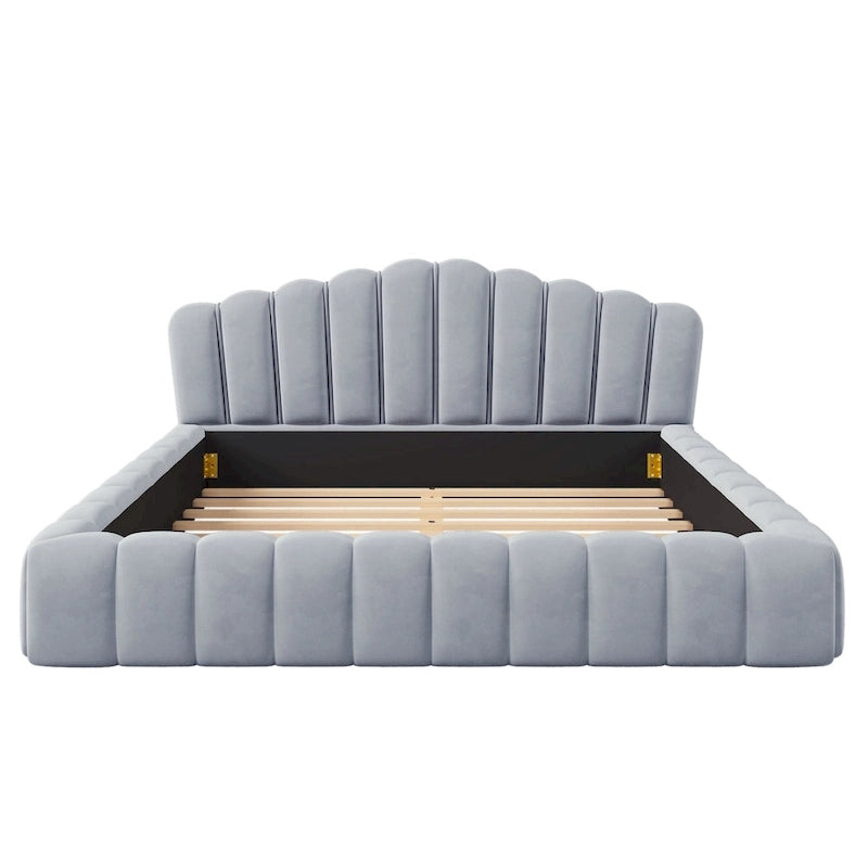 Telaio letto Queen imbottito in velluto con testiera a conchiglia per camera da letto, nessuna necessità di box spring, Beige