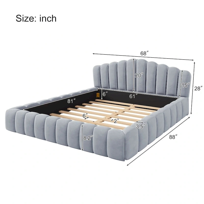 Telaio letto Queen imbottito in velluto con testiera a conchiglia per camera da letto, nessuna necessità di box spring, Beige