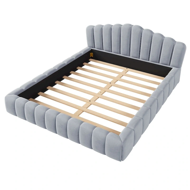 Telaio letto Queen imbottito in velluto con testiera a conchiglia per camera da letto, nessuna necessità di box spring, Beige