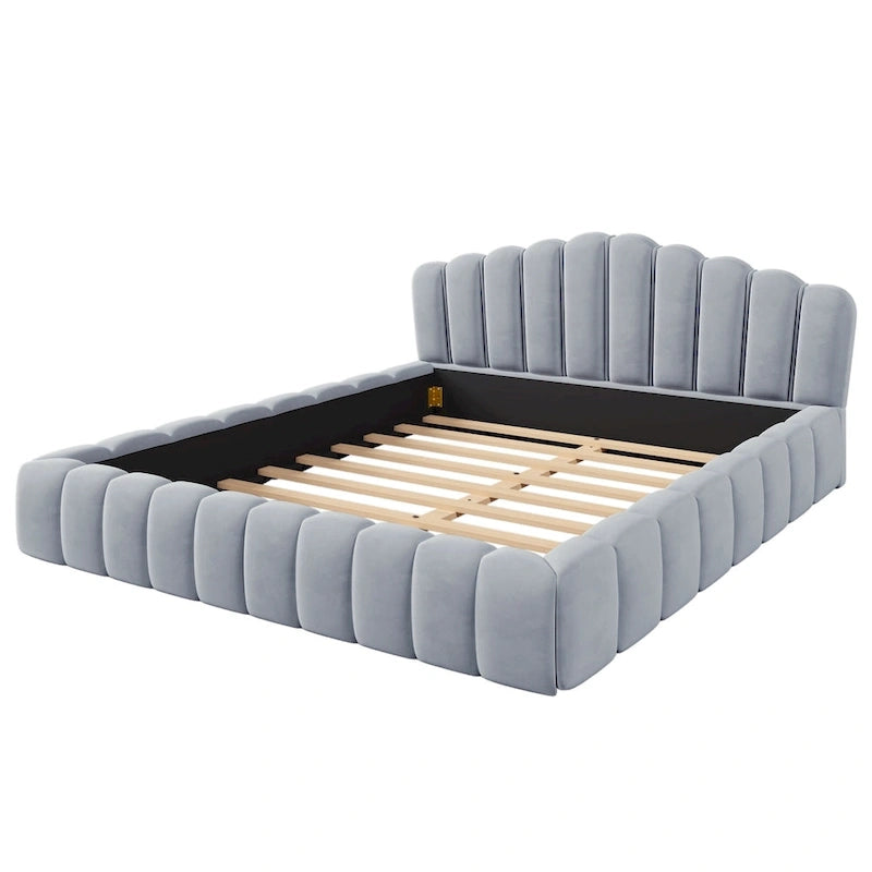 Telaio letto Queen imbottito in velluto con testiera a conchiglia per camera da letto, nessuna necessità di box spring, Beige