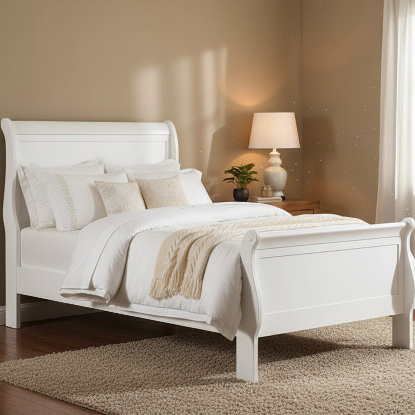 Vele Twin Size Bed with Panel Headboard, Sleigh Design, White Wood Finish
