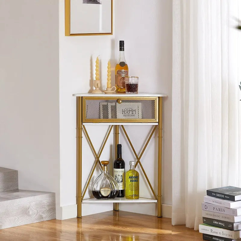Tavolino angolare triangolare con 3 ripiani e struttura in metallo – Marrone rustico / Bianco-oro / Grigio