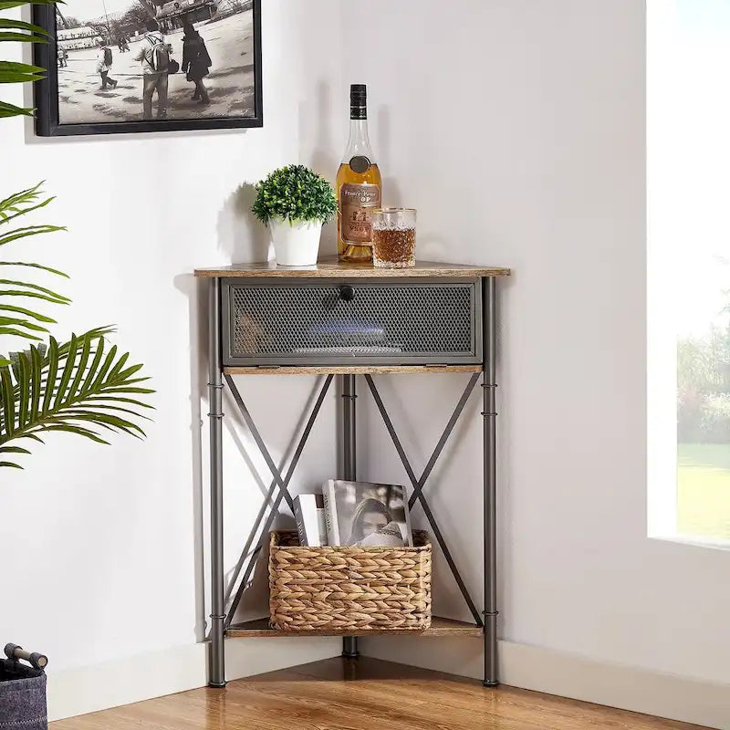 Tavolino angolare triangolare con 3 ripiani e struttura in metallo – Marrone rustico / Bianco-oro / Grigio