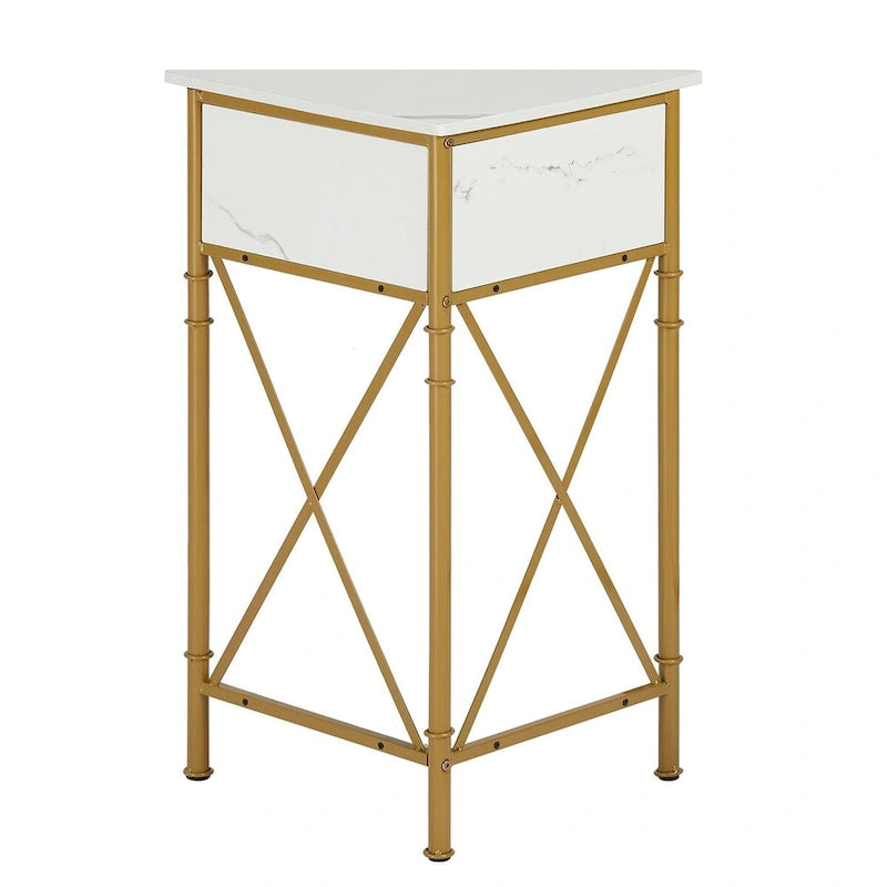 Tavolino angolare triangolare con 3 ripiani e struttura in metallo – Marrone rustico / Bianco-oro / Grigio