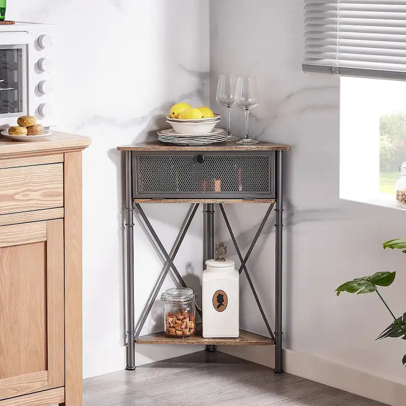 Tavolino angolare triangolare con 3 ripiani e struttura in metallo – Marrone rustico / Bianco-oro / Grigio