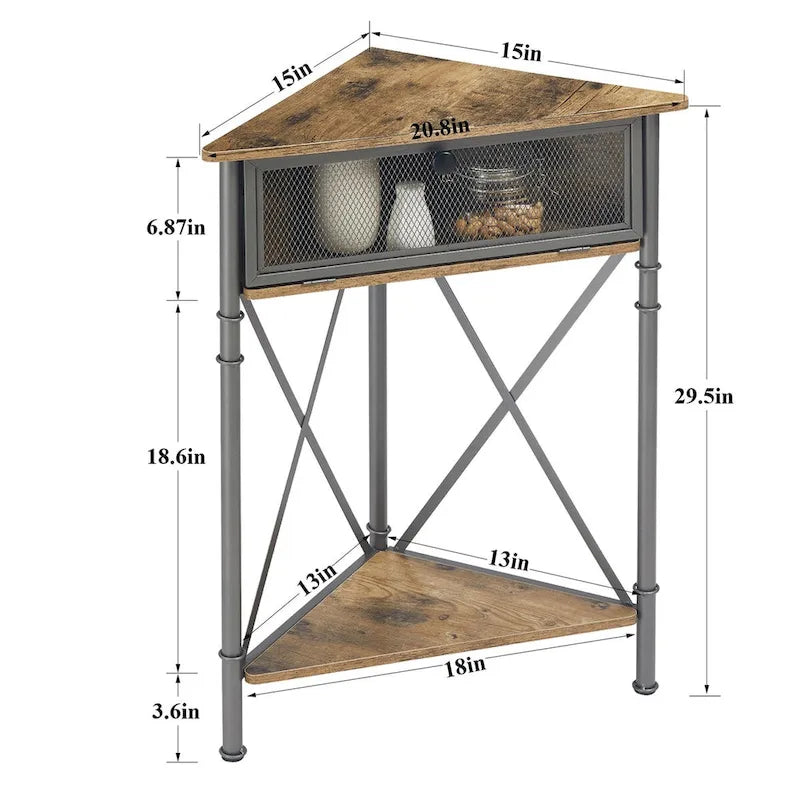 Tavolino angolare triangolare con 3 ripiani e struttura in metallo – Marrone rustico / Bianco-oro / Grigio