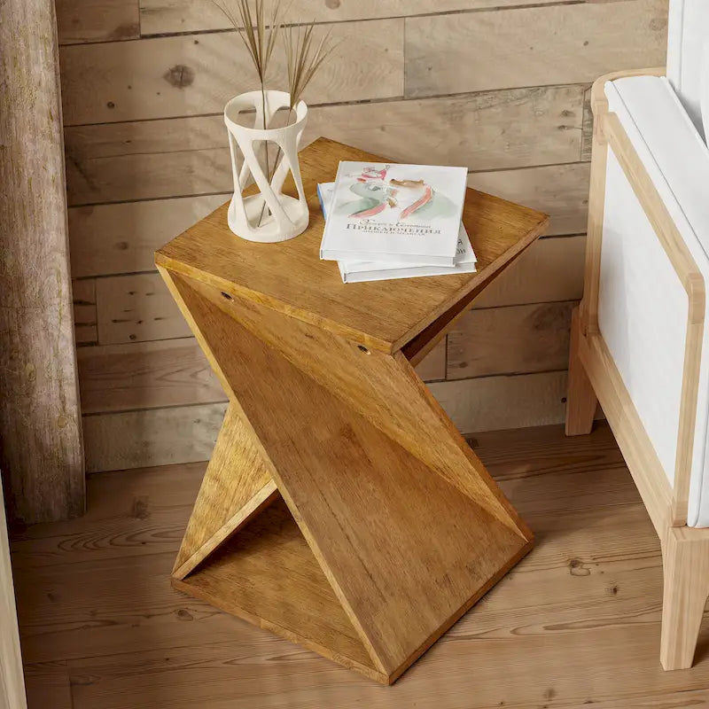 COZAYH Tavolino da Salotto in Legno Massello Quadrato, Tavolino Laterale Rustico con Motivo Intrecciato, Legno Naturale, Nero