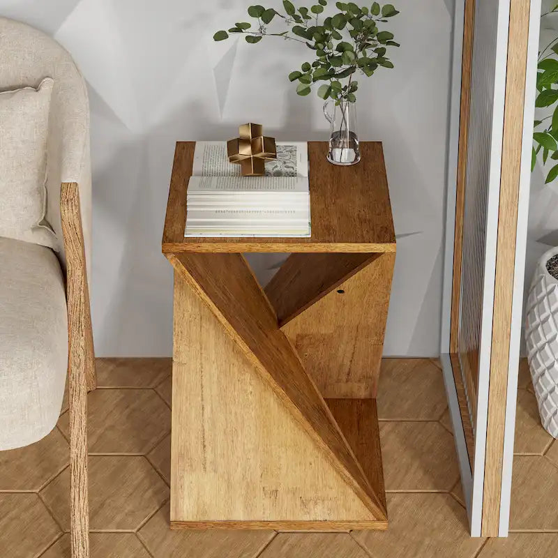 COZAYH Tavolino da Salotto in Legno Massello Quadrato, Tavolino Laterale Rustico con Motivo Intrecciato, Legno Naturale, Nero
