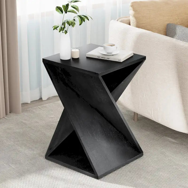 COZAYH Tavolino da Salotto in Legno Massello Quadrato, Tavolino Laterale Rustico con Motivo Intrecciato, Legno Naturale, Nero