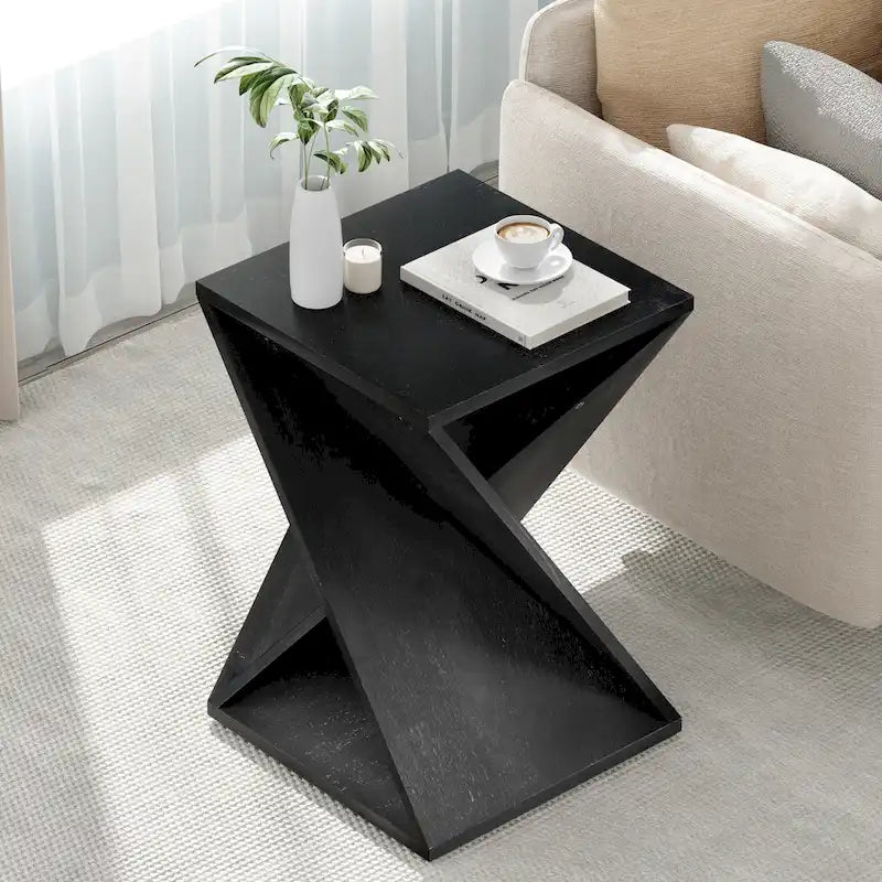 COZAYH Tavolino da Salotto in Legno Massello Quadrato, Tavolino Laterale Rustico con Motivo Intrecciato, Legno Naturale, Nero