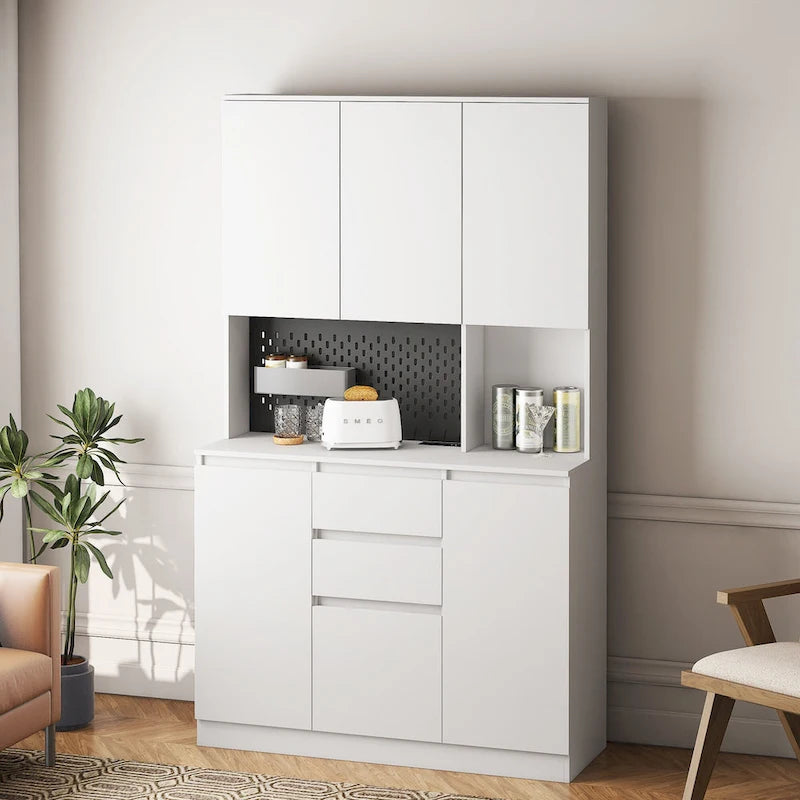 74Mobiletto da cucina con stazione di ricarica, Credenza autoportante con cassetti, con supporto per microonde
