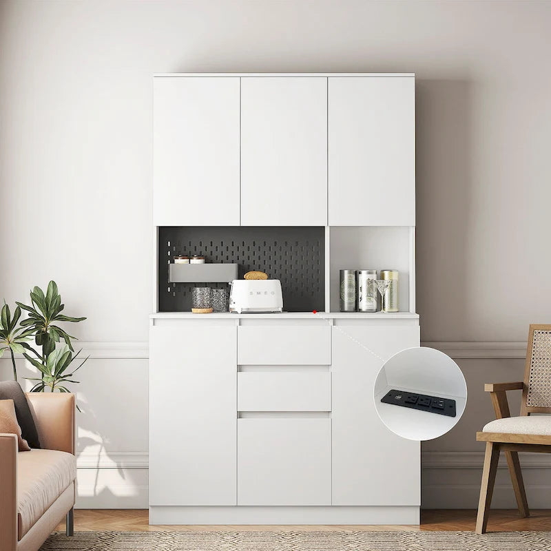 74Mobiletto da cucina con stazione di ricarica, Credenza autoportante con cassetti, con supporto per microonde